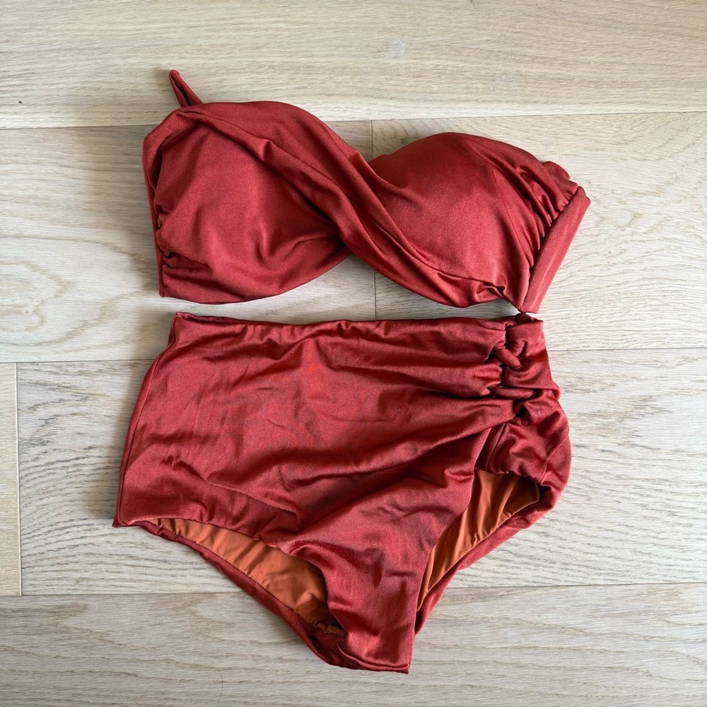Linnen Rust Red High-Waisted Bikini Set